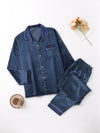 2-teiliger blauer gestreifter satin-pyjama – herren schlafanzug mit langen ärmeln