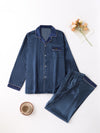 2-teiliger blauer gestreifter satin-pyjama – herren schlafanzug mit langen ärmeln